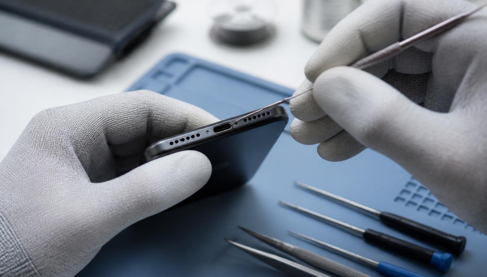 Handy lädt nicht mehr: Techniker reinigt die USB-C-Ladebuchse eines Smartphones bei iSmart Repair Hamburg